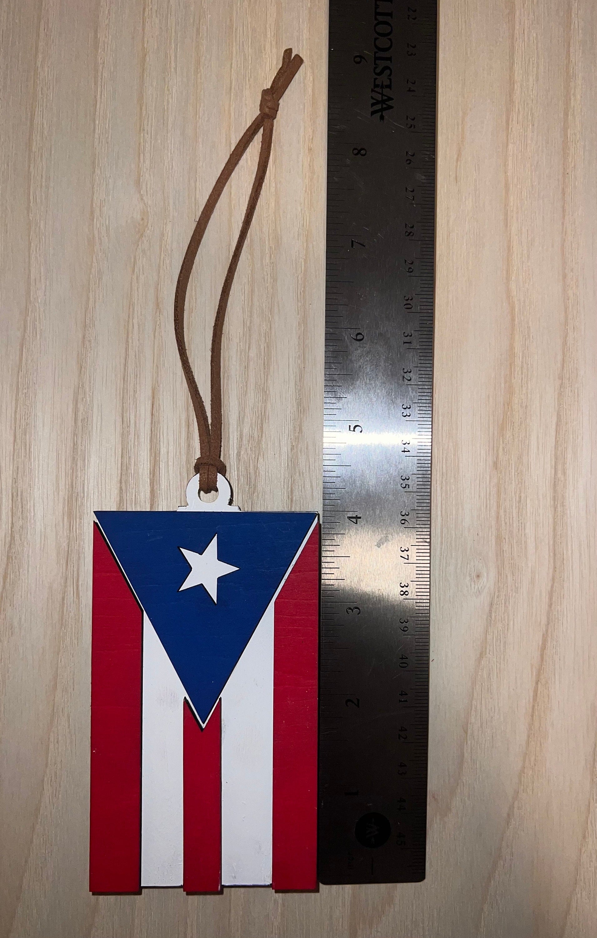 Puerto Rico Flag Car Charm: Wood Rear View Mirror Accessory