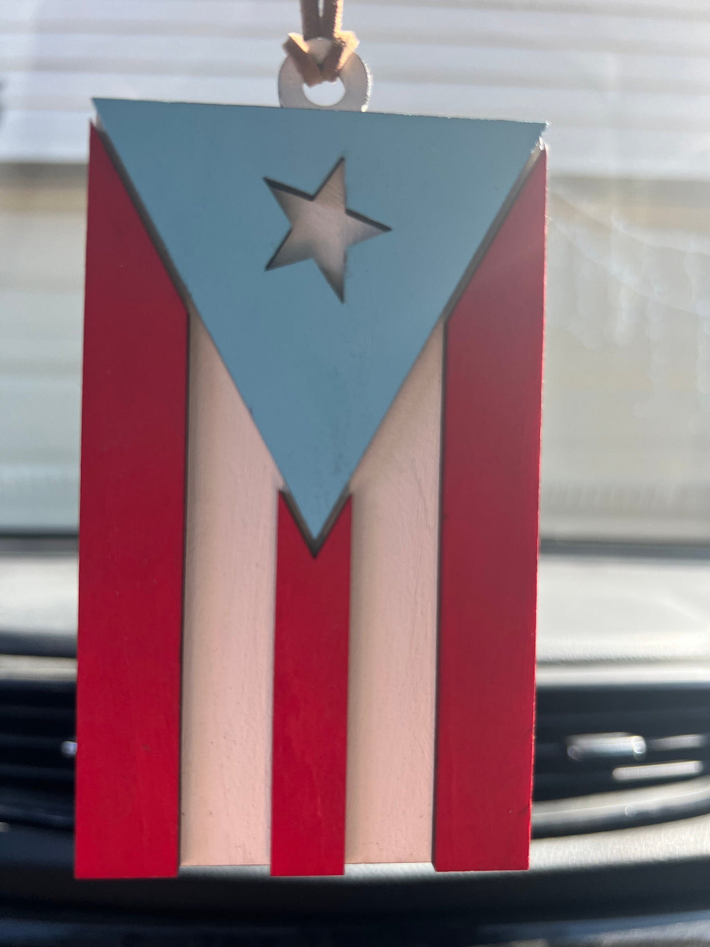 Puerto Rico Flag Car Charm: Wood Rear View Mirror Accessory