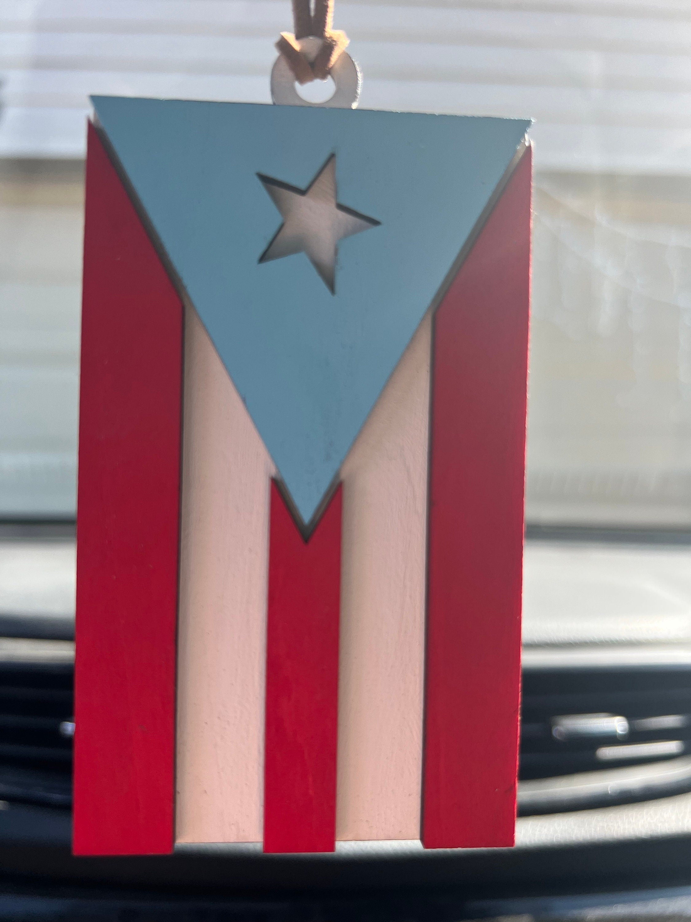 Puerto Rico Flag Car Charm: Wood Rear View Mirror Accessory