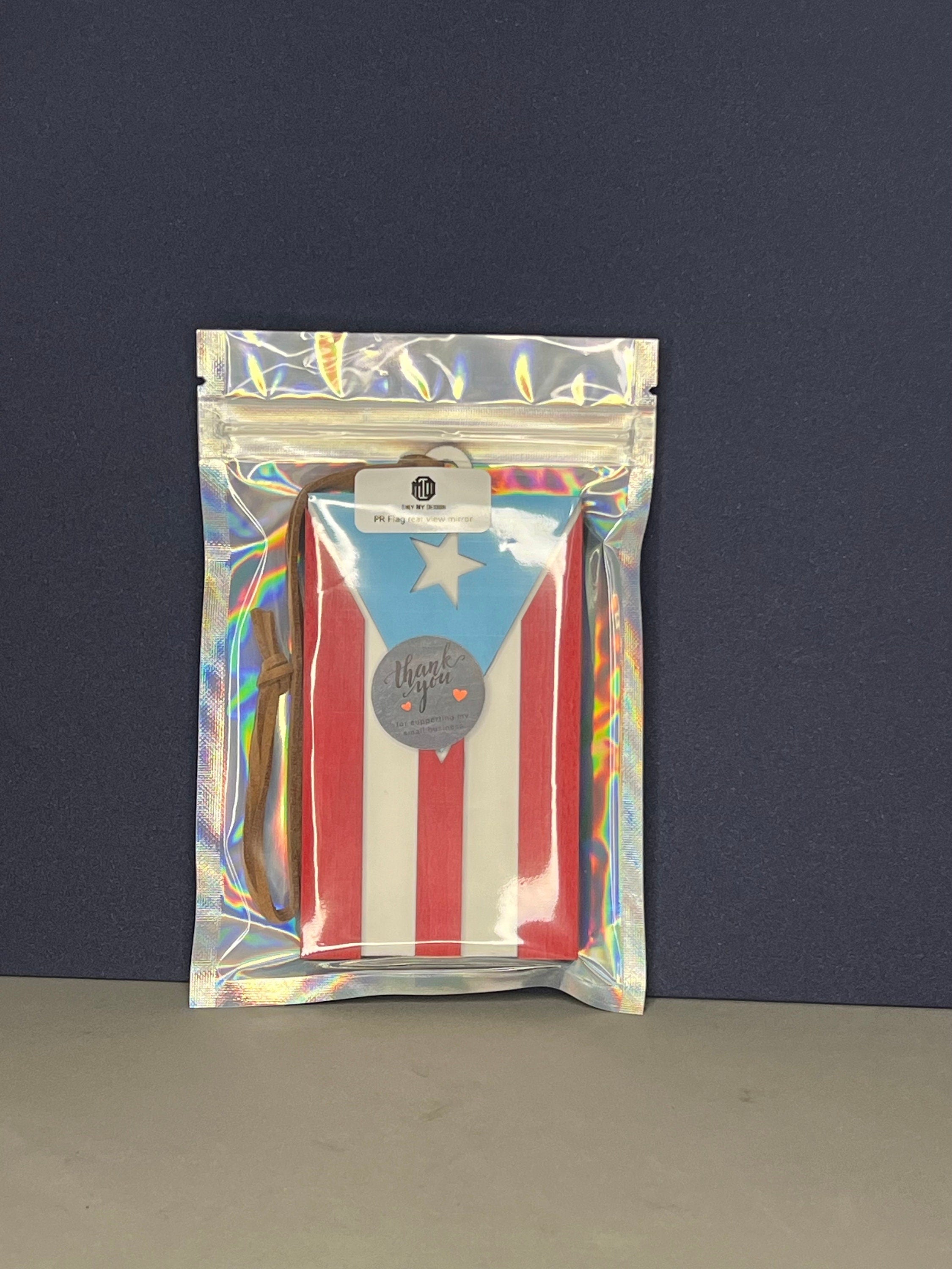 Puerto Rico Flag Car Charm: Wood Rear View Mirror Accessory