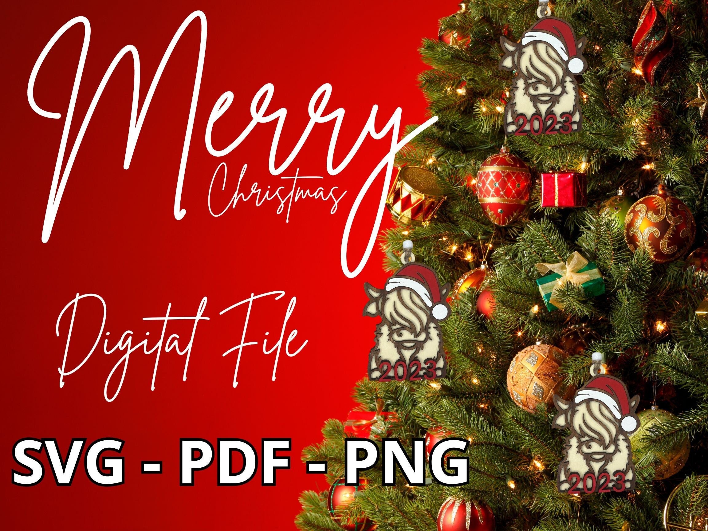 Santa Highland Cow Ornament Digital Design: Laser Cut SVG, PDF, PNG (2025)